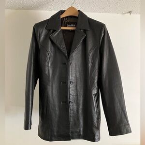 Dona Michi Leather Jacket Coat Women’s M Black Mid Length 3 Button with Pockets